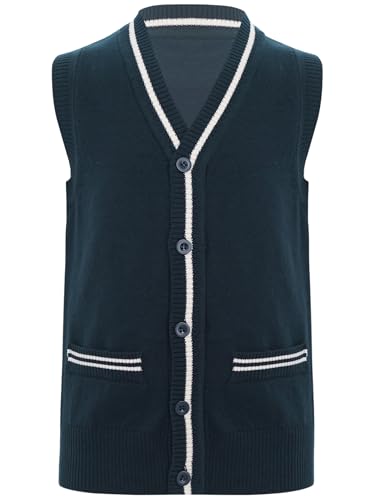 Linjinx Kids Girls Boys Sweater Vest V Neck Sleeveless Knitted Cardigan School Uniform Tops Waistcoat with Fake Pockets Navy Blue 7-8 Years