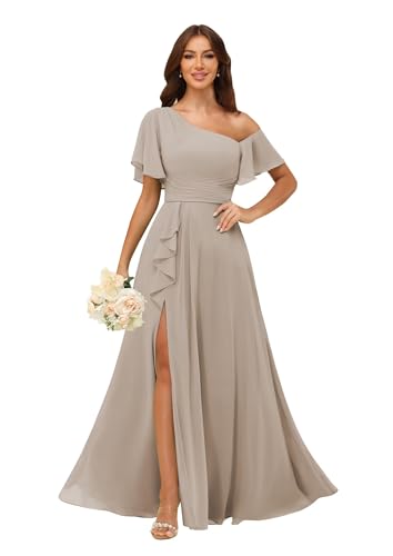 Image of One Shoulder Bridesmaid Dresses for Women with Pockets Short Sleeve Ruffled Chiffon Formal Evening Gowns