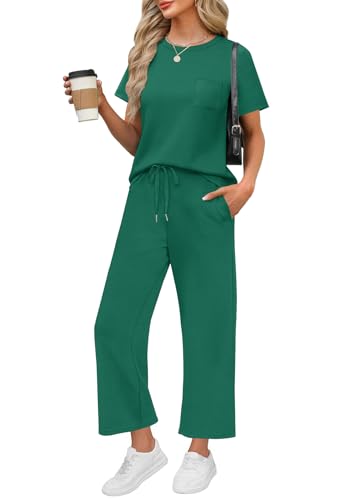 Image of WIHOLL 2 Piece Sets for Women Casual Summer Travel Vacation Outfits Short Sleeve Wide Leg Crop Pants Lounge Sets