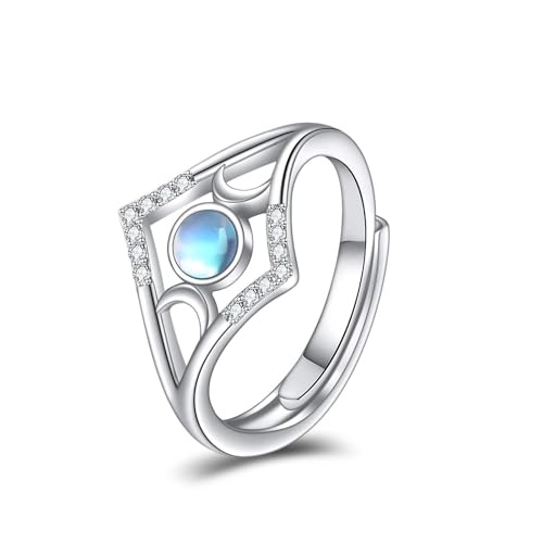 KQF Mothers Day Gifts for Wife Triple Moon Goddess Ring 925 Sterling Silver Adjustable Moonstone/White Opal Ring Moon Jewelry for Mom Women