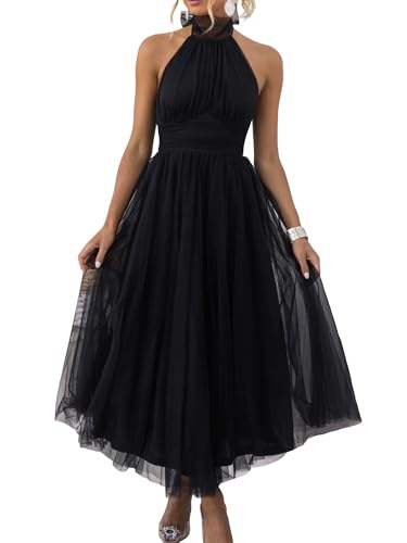 fairy vibes tulle gathered detail halter maxi dress Womens Fairy Vibes Tulle Halter Maxi Dress Backless Tie Strap High Rise A-Line Prom Party Wedding Long Dresses (Black, S) at Amazon Women's Clothing store