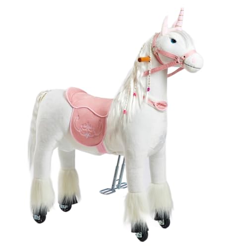 Ponnie Reitpferd mit Rollen Unicorn M (5-12 Jahre), Spielpferd zum Reiten mit Abnehmbarer Rosa Sattel und Halfter mit Zaumzeug, Kämmbare Mähne und Schwanz, Plüschpferd zum Reiten für Kinder