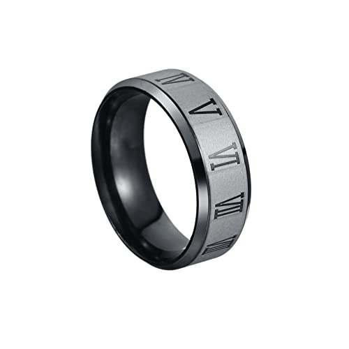 HIJONES Homme Acier Inoxydable Bague Chiffres Romains 8mm Alliance Bijoux de Promesse Noir Taille 65