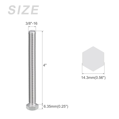 Image of METALLIXITY Hex Head Bolts (3 /8-16 x 4) 5Pcs, 304 Stainless Steel 18-8, Fully Threaded, External Hex Drive, Plain Finish, Hex Head Screw Bolt, Silver