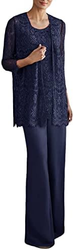 Zongqiven Women's Chiffon and Lace 3 Pieces Mother Suit Pants Wedding Guest Party Evening Outfit Navy Blue