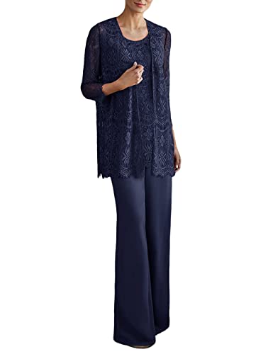 Zongqiven Women's Chiffon And Lace 3 Pieces Mother Suit Pants Wedding Guest Party Evening Outfit Navy Blue #TOP21