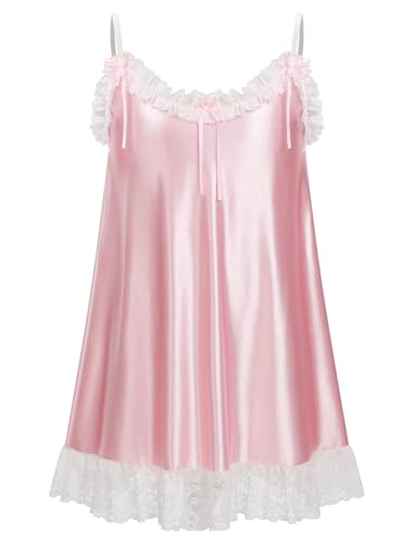 ABAFIP Men's Sissy Nightwear Satin Shiny Ruffle Lace Mini Nightdress Spaghetti Strap Crossdress Nightgown