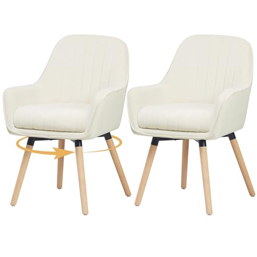 ELUCHANG Chaises de Salle à Manger Lot de 2, 360° Pivotable, 12cm Coussin pour Fauteuils avec Accoudoirs Hauts, Crème Blanc Velours, Charge 150KG, Chaises...