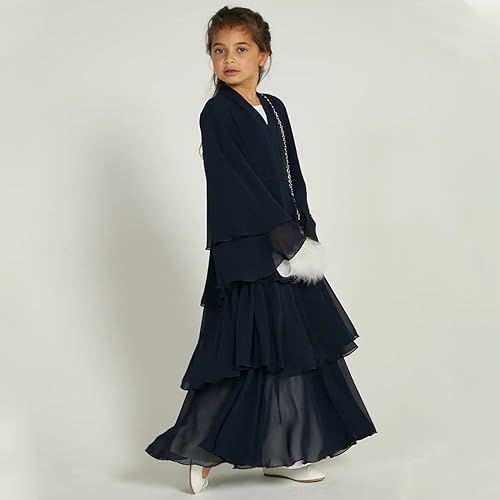 Girls Muslim Dress Open Front Cardigan Robe Three-layered Chiffon Kaftan Islamic Abaya Kimono Dubai Maxi Dress2