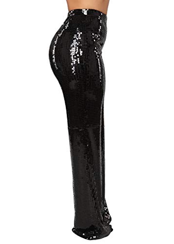 Ohvera Women's Glitter Sequin High Waist Long Wide Leg Palazzo Pants Trousers Black X-Large - Thumbnail 4