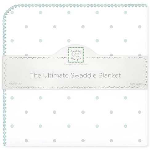 Image of SwaddleDesigns Large Receiving Blanket, Ultimate Swaddle for Baby Boys, Girls, Softest US Cotton Flannel, Best Shower Gift, Made in USA, SeaCrystal and Sterling Little Dots (Mom's Choice Award Winner)