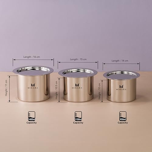 MIKARA Stainless Steel Flat Bottom Polished Top Set of 3 (950,1150,1400ml) (Large), Silver