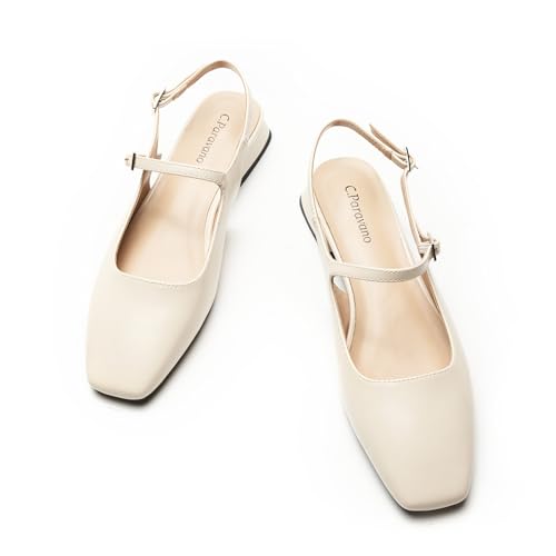 C.Paravano Women's Slingback Flats | Square Toe Slingback Flats for Women | Block Heel Sandals 9.5 Off-white