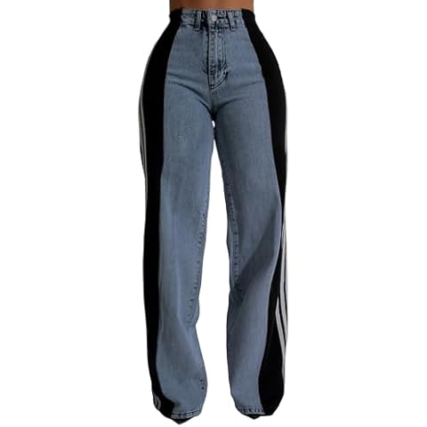 Nihsatin Women's Two Tone Jeans Wide Leg High Waisted Stretchy Buttoned Denim Pants Black Cover