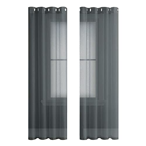 MRTREES Voile Gardinen Vorhang halbtransparent kurz mit Ösen in Leinenoptik Stores Gardinen Schals für Wohnzimmer Schlafzimmer Kinderzimmer Anthrazit 225×140cm (H×B) 2er Set