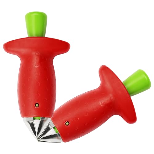 Vanyibro 2 ferramentas de descaroçador de fresas de aço inoxidável para remover núcleo, descaroçador de folhas, ferramenta de cozinha, cor vermelha