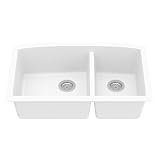 Karran QU-711 32' Undermount Quartz Composite Kitchen Sink, 60/40 Double Bowl, Rear Drain, Heat & Scratch Resistant, Easy Clean, White