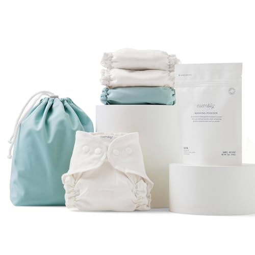 Image of Esembly Try-It Kit - Cloth Diaper Starter Set with Organic Cotton Diapers, Waterproof Diaper Cover, Wet Bag, and Laundry Detergent - Mist, Size 1 (7-18lbs)