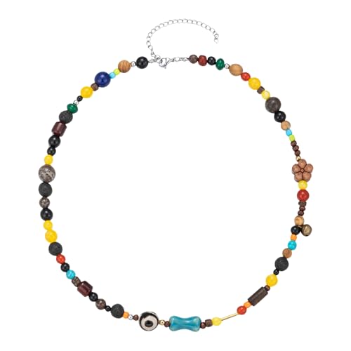90s Beaded Necklace Color Surfer Crystal Stone Gemstone Wooden Bead Britpop Summer Choker Necklace for Men Women2