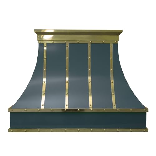 Custom Stainless Steel Range Hood, Handmade Kitchen Hood with Powerful Range Hood Insert, Classic Stove Vent Hood with Straps & Rivets, 30"W x 27"H Island Mount, HSI420T-302727RALS