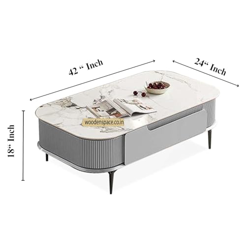 Image of WOODEN SPACE Premium Solo Marble-Top Wooden Center Table for Living Room | Iron Legs | PVD Coating | Modern Entryway Furniture | Coffee Table - 42X24X18 in (Gray)