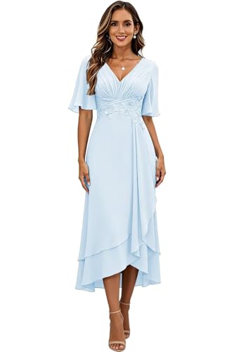 Image of Lace Applique Mother of Bride Dresses Chiffon Mother of the Groom Dresses Tea Length Formal Evening Dress with Sleeve
