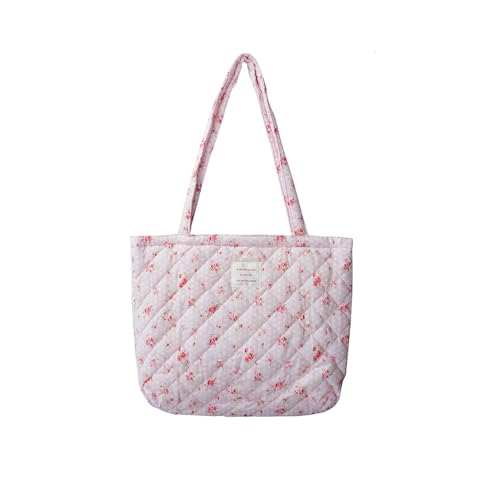 Image of Floral Quilted Cotton Shoulder Bag for Women Daily Use Medium Size Handbag Large Capacity Thickened Design Tote