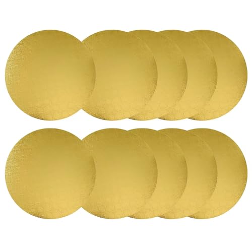 4 Pack Cake Boards Golden Round Cake Circles 10 Inch Withhandle Cake Base Cardboard,All The Same Size Set for Round Corrugated Baking Cake, Gold