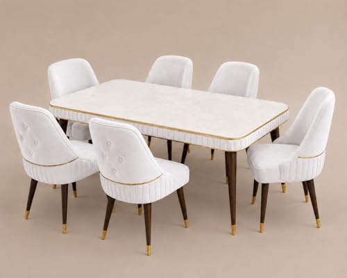 Image of WOODEN SPACE 6-Seater Wooden Dining Table Set | Nano Composite Marble Top | Solid Wood Base | Modern Dining Room Furniture with 6 Chairs (Grand Aura Light Grey)
