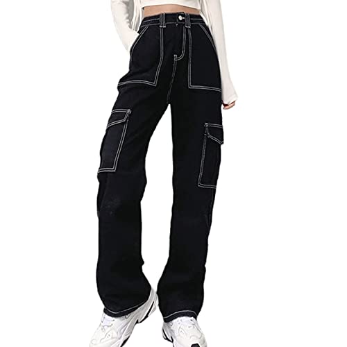 FantasyGears Y2k Baggy Jeans for Women,Aesthetic Demin Pants Wide Leg Vintage Black Cargo Jeans Trousers2