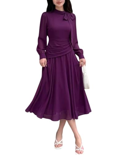 Image of SMOWKLY Women Elegant Midi Dress | Long Sleeve Fit & Flare Dress Western Dress for Women | Office, Evening, Casual & Occasion Wear