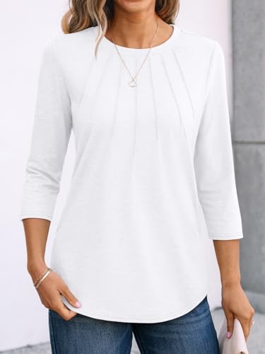 AUTOMET Womens 3/4 Length Sleeve Tops Round Neck Pleated Dressy Casual Basic Shirts Tunic2