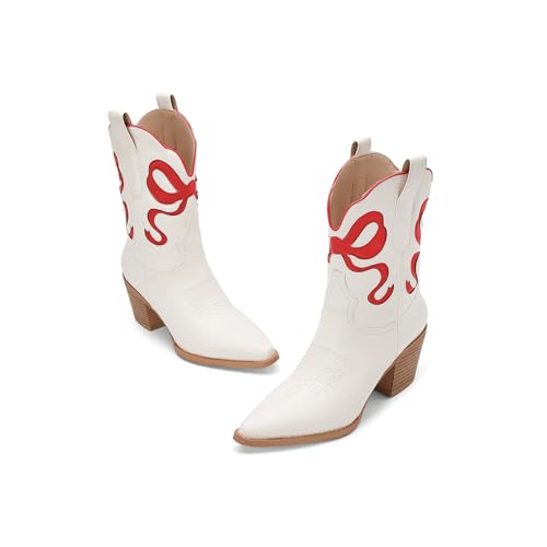 Women's White Cowboy Boots with Colorful Bows Embroidered Cowboy Boots Fashion Almond Pointed Toe Chunky Heel Short Boots3