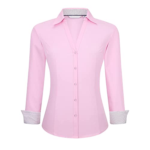 WARHORSEE Womens Button Down Shirt Long Sleeve Work Dress Shirts, V Neck Easy Care Stretchy Business Casual Blouses for Women(Pink,XXL)