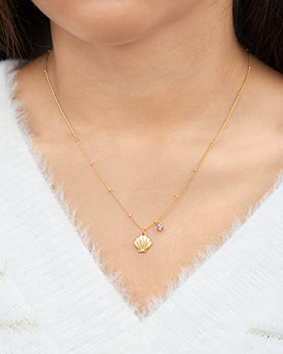 Disney The Little Mermaid Necklace 16" + 2" - Sterling Silver Plated Yellow Gold Shell Necklace With Purple Cubic Zirconia Charm Jewelry For Women #TOP1