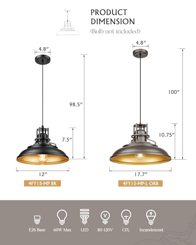 Image of FEMILA Black & Gold Pendant Lights for Kitchen Island, 12 inch Farmhouse Pendant Light Fixture, Adjustable Hanging Barn Lights Outdoor for Dining Room, Entryway, 4FY15-MP BK-1