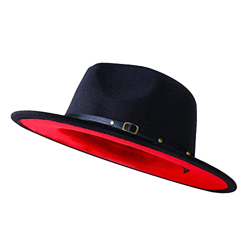 Kujuha Wide Brim Fedora Two Tone Dress Hat, Large-X-Large, Black & Red #TOP15