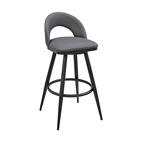 Armen Living Charlotte Swivel Bar Stool in Black Metal with Grey Faux Leather