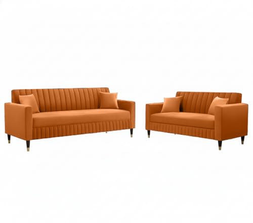 Image of AMATA Omega 3+2 Seater Orange Suede Velvet Fabric Sofa Set with Two Cushions Perfect for Home Office Guests Living Room (06 Orange, Omega 3+2 Seater Sofa)(3 Year Warranty)