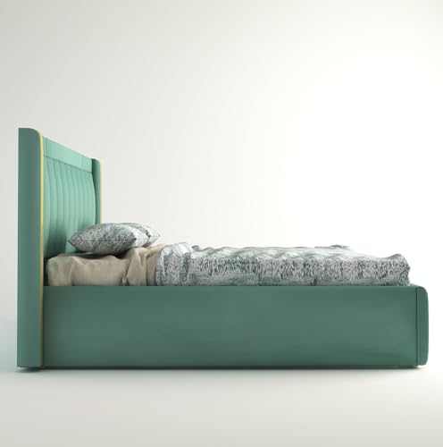Image of Premium King Size Upholstered Bed with Storage | Solid Wood Platform Bed with Premium Cushion Headboard for Modern Bedrooms | Durable Frame, Easy Maintenance & Stylish Design | Green