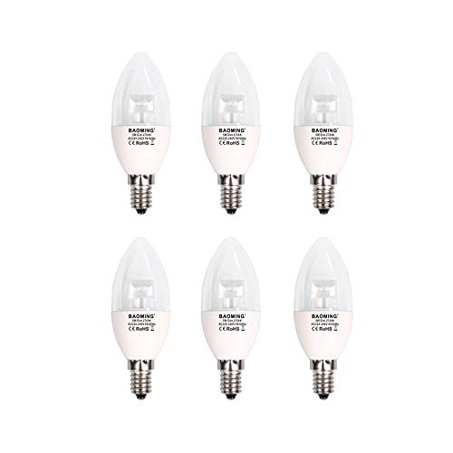 Baoming E14 LED Ampoules 5W (40 W égal), lampe bougie Dimmable 2700 K blanc chaud, Cri80, couvercle transparent, 220-240 V, Lot de 6 Cover