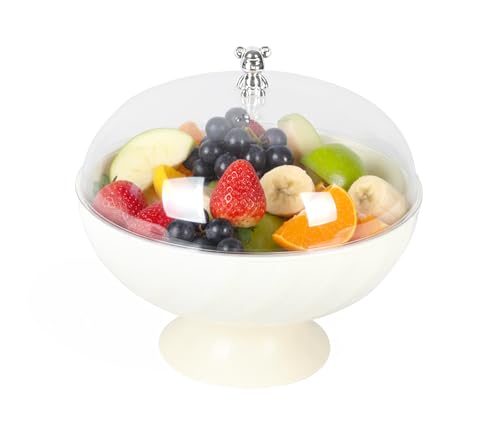 Punorric Fruit Bowl with Lid Clear Fruit Basket with Removable Drain Tray for Countertop Large Capacity Round Decorative Bowl for Party Wedding Displaying Vegetable Dessert(White Base)