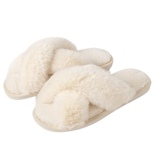 Image of Enteer Women's Slipper Memory Foam Cross Band Fuzzy Slippers Open Toe Cozy House Slippers Cozy Plush Bedroom Indoor Outdoor