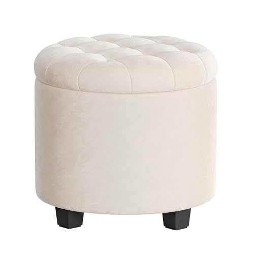 SONGMICS Puff Almacenahe, Banco de Almacenamiento, 45 x 45 x 44,5 cm, Reposapiés con Patas, Terciopelo, Carga hasta 150 kg, para Salón, Dormitorio, Blanco Crema LOM012W01