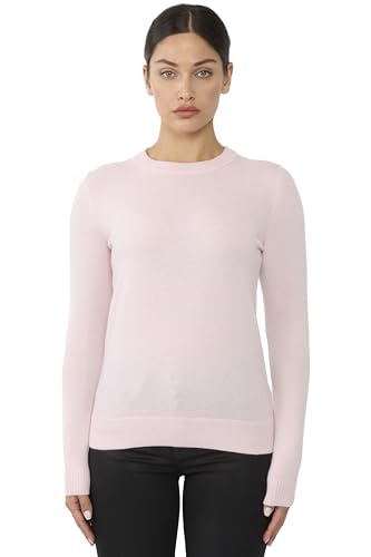 JENNIE LIU Women's 100% Pure Cashmere Crew Neck Sweater, Tight Knit Cozy Soft Hand Washable Long Sleeve Pullover (Medium, Petal Pink)