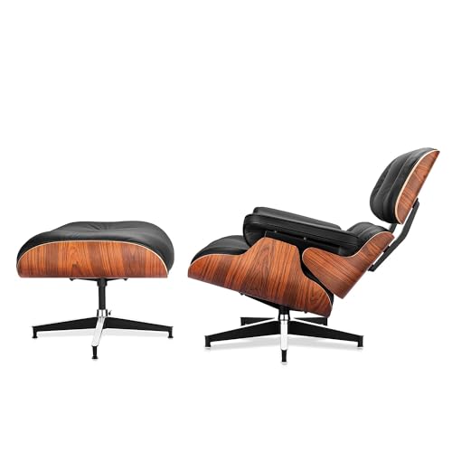 Image of Top Black Grain Leather, Mid Century Chaise Lounge Chair and Ottoman, Modern Chair Classic Design, Palisander Wood, Heavy Duty Base Support for Living Room Office