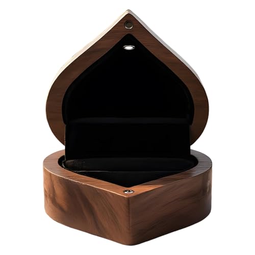 Caja de anillos en forma de corazón con luz LED, caja de madera de nogal negro, caja de anillos de boda hecha a mano para propuestas, compromisos y ocasiones especiales, 7 x 6 x 4 cm