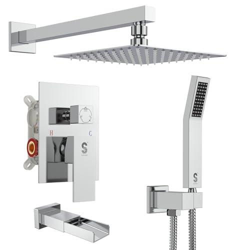 SR SUN RISE 12 Inches All Metal Square Shower System with Tub Spout, Tub Shower Faucet Set, High Pressure Rain Shower Head and Handheld Sprayer Combo Shower Fixtues, Valve Included, Polished Chrome