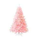 6Ft Pink Artificial Christmas Tree with Lights Hinged Branches Douglas Fir Christmas Tree with Metal Stand for Holiday Festival Parties Home Office Decoration, 8 Modes Warm White 200 LED Lights