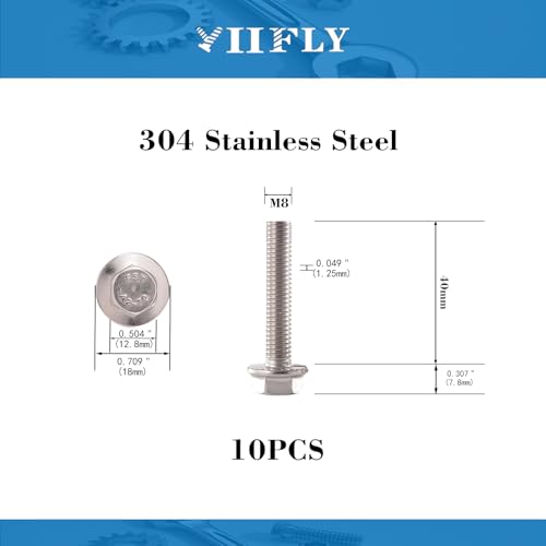 Image of M8x1.25 x 40mm Flanged Hex Head Bolts, 304 Stainless Steel (A2-70), Bright Finish, Fully Threaded, Hexagon Head Flange Bolts, Quantity 10